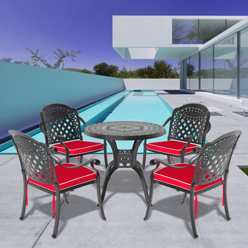 3/5-Piece Cast Aluminum Outdoor Dining Set with 31.5 in. Round Table and Seat Cushions - Black( 5-Piece Sets-B)