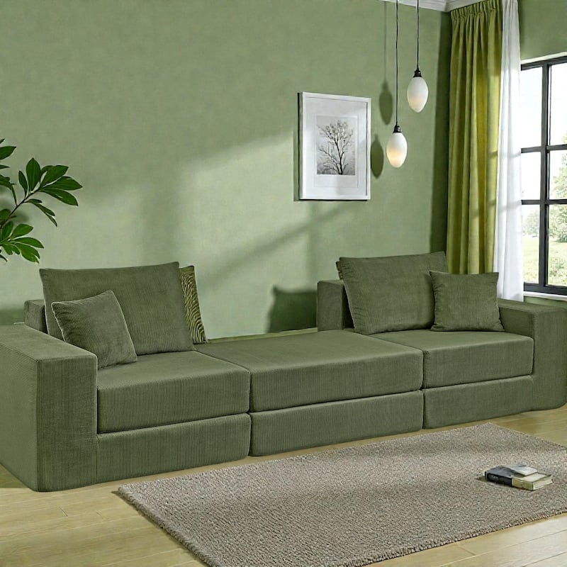 Modular Cloud Sectional Couch, L Shaped Upholstered Sofa with Removable Ottoman and Deep Seat, No Assembly - Green