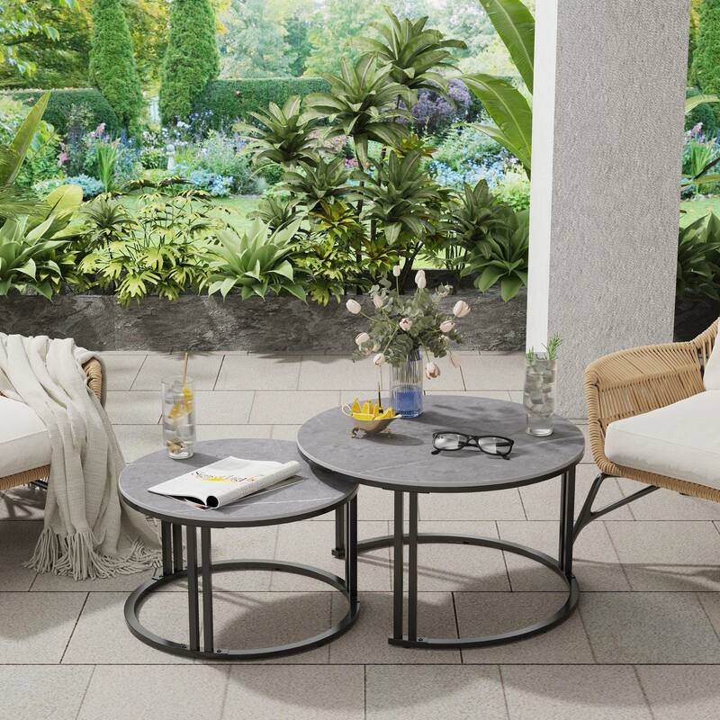 2X Round Nested Coffee Table Sintered Stone Top Metal Tables - 27”x16”