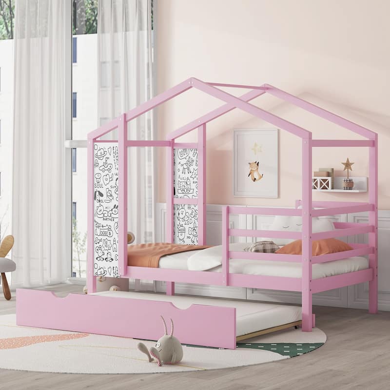 Wood House Bed with Fence and Writing Board