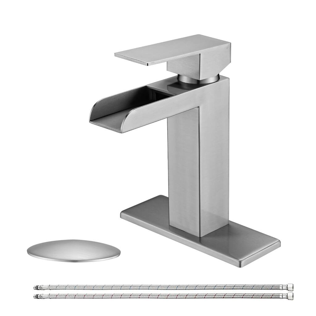 Waterfall Bathroom Faucet Single Handle Bathroom Sink Faucets 1 or 3 Hole Solid Vanity Faucet with Deck Plate & Overflow Pop