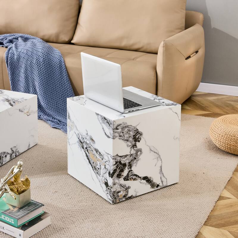 Roomfitters Cube MDF Coffee Table with Textured White Finish, Modern Compact Centerpiece for Stylish Living Spaces, White
