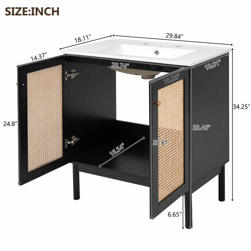30" Bathroom Vanity with Handmade Rattan Doors - Natural Materials & Soft-Close Mechanisms