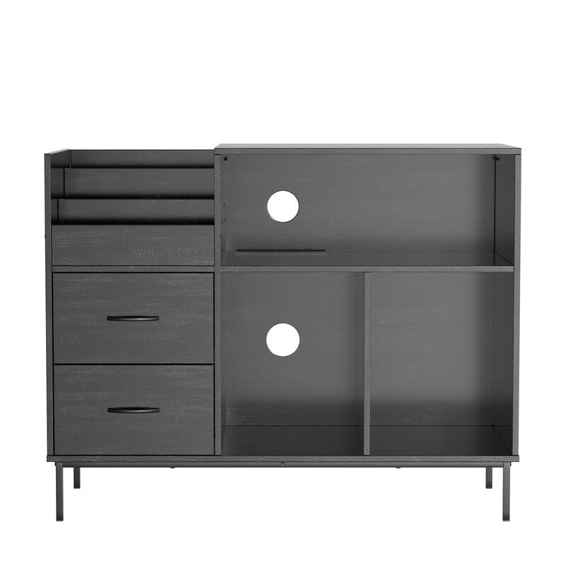 Record Player Stand with Power Outlet & Flip-Down Lid,Turntable Table with Storage,Media Console with 2 Drawers