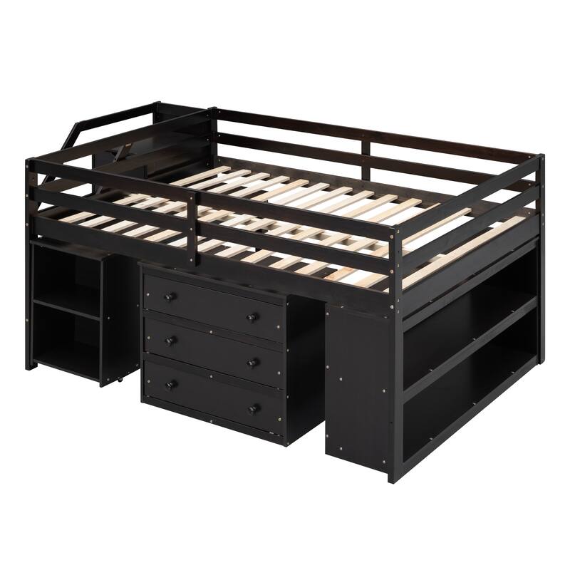 Espresso Solid Wood Loft Bed with Retractable Desk, Storage Stairs, Storage Drawers, and Shelves