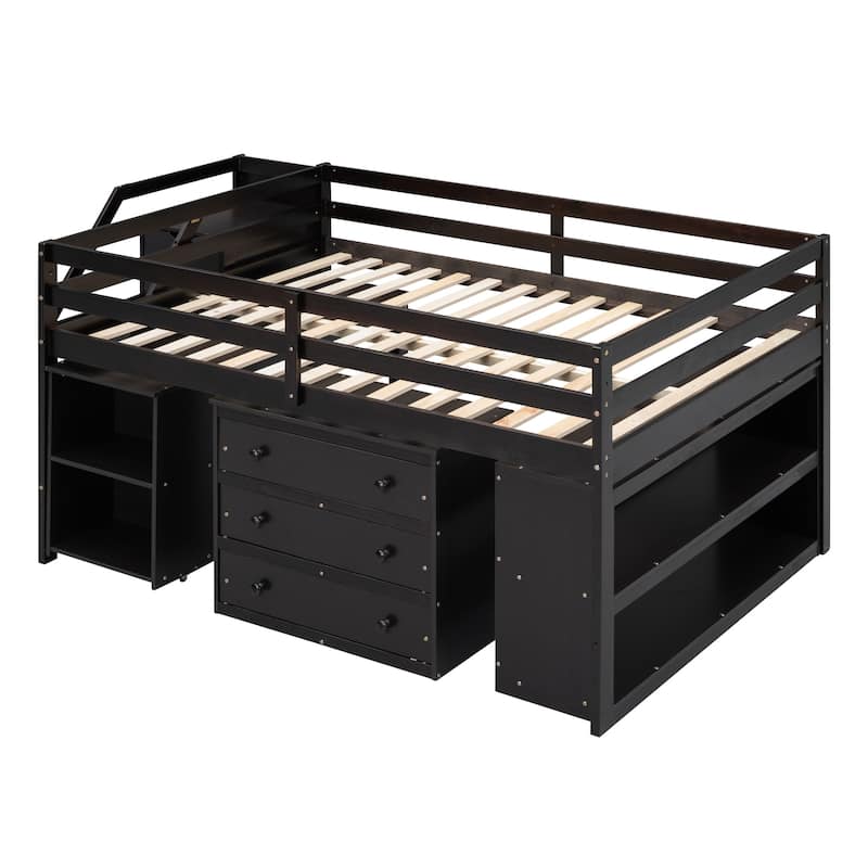 Full Size Loft Bed with Retractable Writing Desk and 3 Drawers, Wooden Loft Bed with Storage Stairs and Shelves - Espresso