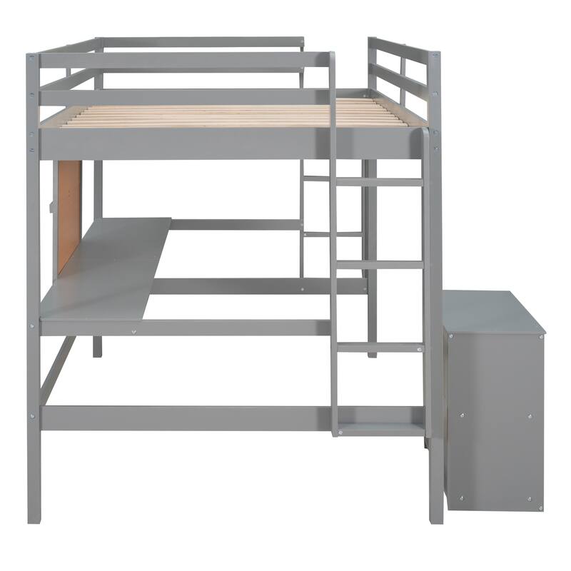 Full Size Loft Bed with Desk, Writing Board, and 2 Drawers, Gray
