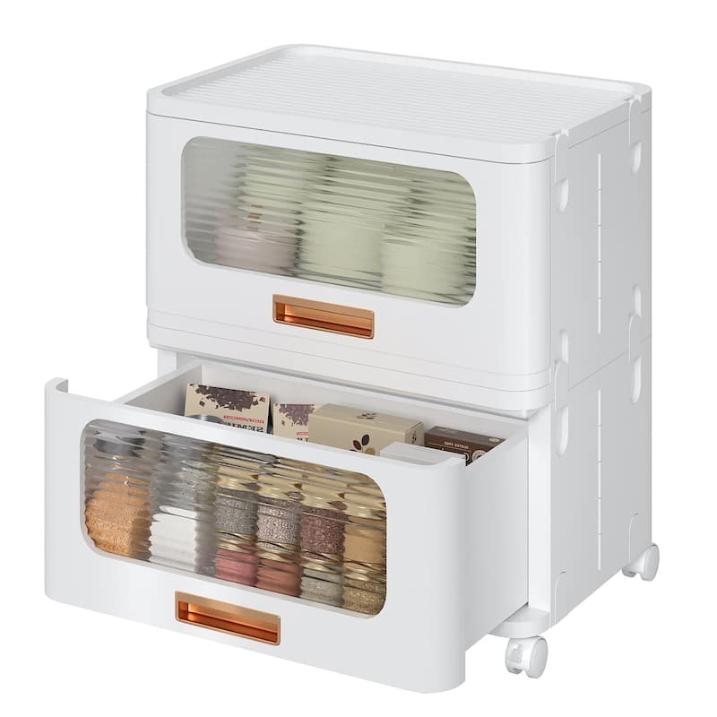 VECELO 1-Tier & 2-Tier White Plastic Rolling Storage Cabinet with Wheels & Transparent Drawers No Tools Assembly for Bedroom