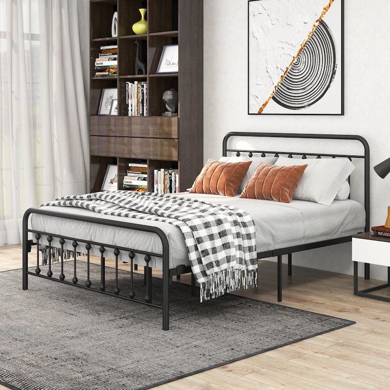 Victorian Style Metal Platform Bed Frame with Headboard, Footboard, and Under Bed Storage, Queen Size, Black