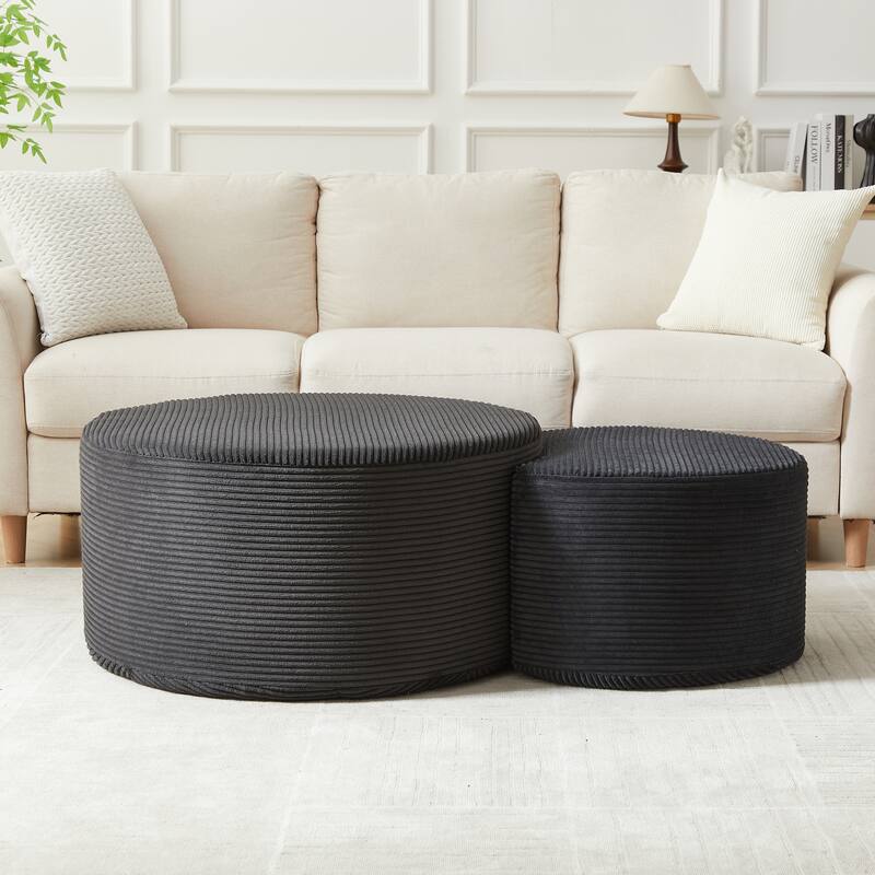 Nesting Tables Set of 2, Corduroy Upholstered Round Coffee Table and Crescent Moon Side Table Set of 2, End Tables Ottomans