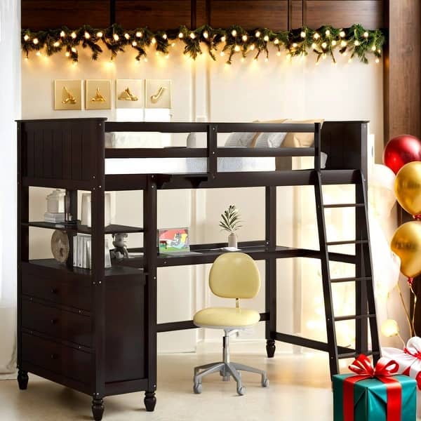 slide 2 of 14, Solid Wood Twin Size Loft Bed with Drawers and Desk, Storage Space for Bedroom, Dorm Espresso