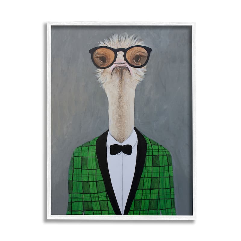 Stupell Charming Ostrich Bird Bowtie Sunglasses Green Cardigan Framed Wall Art - 24 x 30 - White