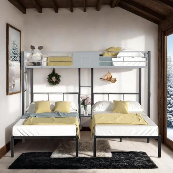 slide 2 of 12, Triple Bunk Bed with Vent Board, Separatable into three beds, Black Black