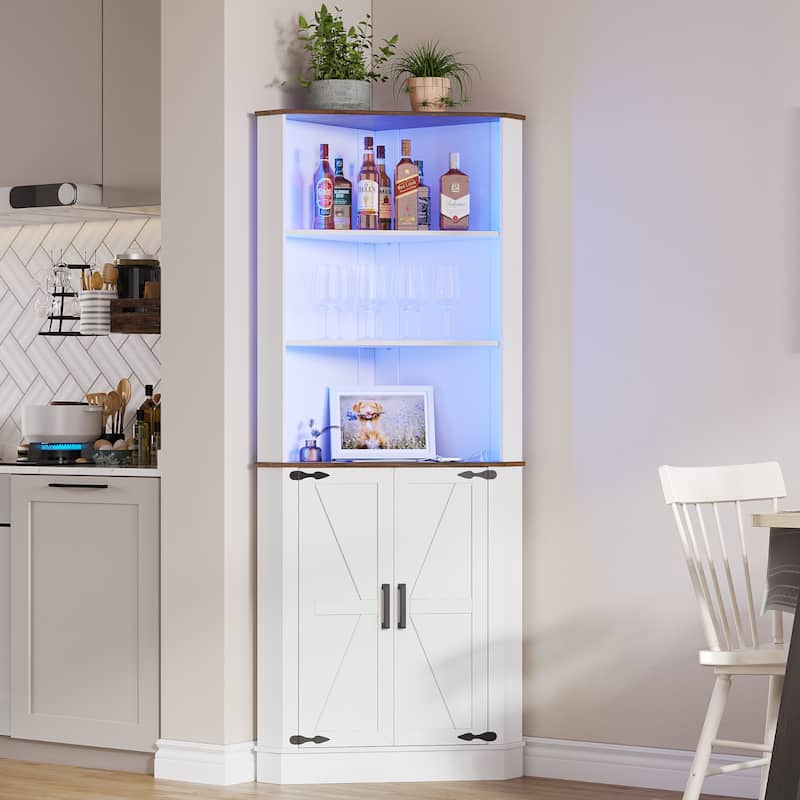 66" Tall Corner Cabinet With Led Light - White