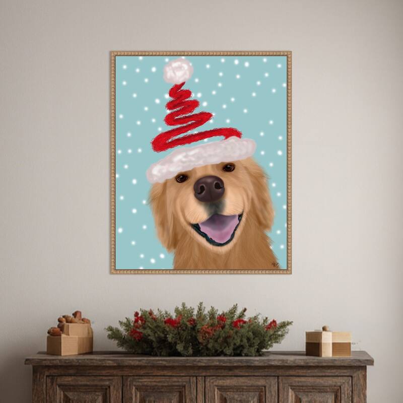 Christmas Golden Retriever and Spring Santa Hat by Fab Funky (23 x 28 in.), Framed Canvas Wall Art Print