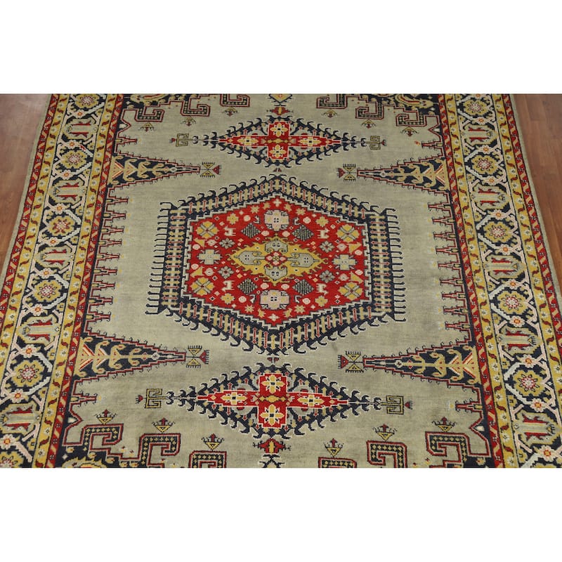 Green Geometric Viss Indian Area Rug Hand-Knotted Wool Carpet - 8'7" x 11'9"
