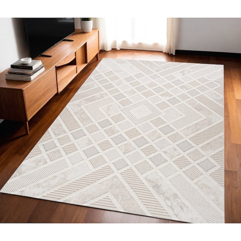 Distressed Abstract Stain Resistant Woven Durable Area Rug - 5' X 8' - 5' X 8' - Cream and Beige - Rectangle