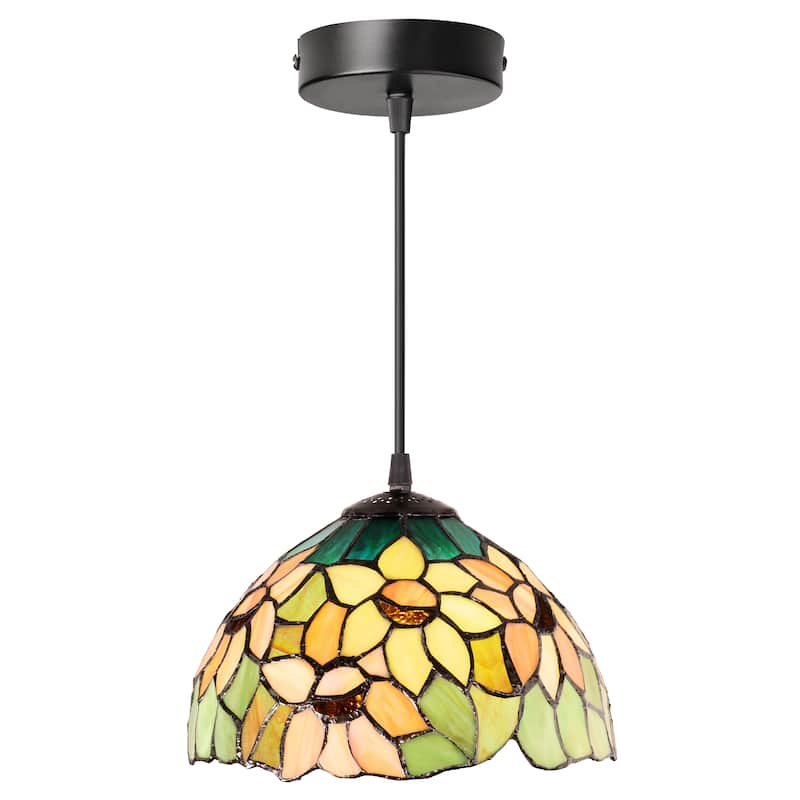 Mademoiselle River of Goods Black Metal and Stained Glass 10-Inch Pendant Light with Adjustable Hanging Cord - 10" x 10" x 72" - Green/Yellow/Orange/Black - 10" x 10" x 72"