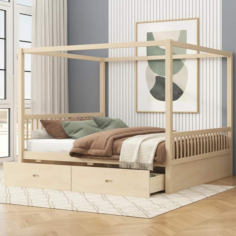 Wooden Canopy Bed with Hidden Storage Drawers by Harper&Bright Designs - Natural - Queen