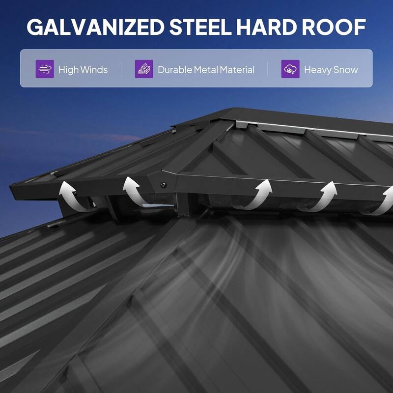 PURPLE LEAF Patio Hardtop Gazebo for Outdoor Grey Galvanized Steel Double Roof White Aluminum Poles