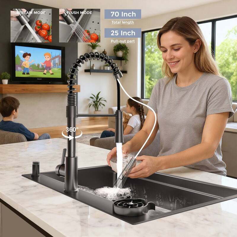 33 Inch Kitchen Sink with Pull Out Faucet Combo, Modern Single Bowl Waterfall Stainless Steel