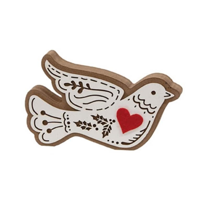 Rustic Dove Shelf Sitter with Holly Heart Accent - 5" x 1" x 3" - White-Brown