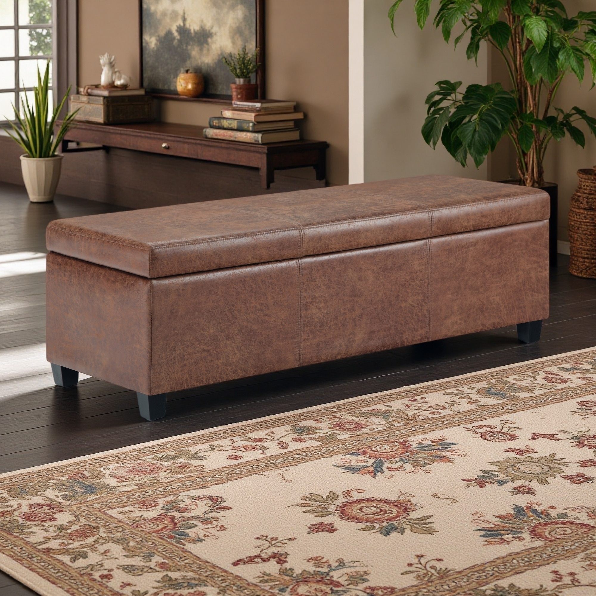 48"L Faux Leather Storage Ottoman, Large Interior, Child-Safe Hinge, Multi-Functional