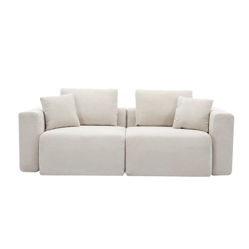 Corduroy Sectional Modular Sofa with Square Arms & Ottoman Extension for Flexible Arrangements - Loveseats - Off White