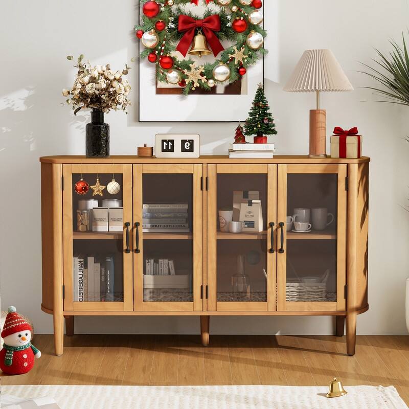 58" Sideboard with 4 Glass Doors for Living Room and Dining Room Organization - Natural