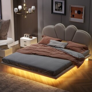 Full/Queen Size Upholstery LED Floating Bed with Headboard and Support Legs