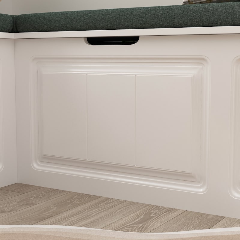 White & Green L-Shaped Storage Bench: Stylish Seating with Hidden Storage