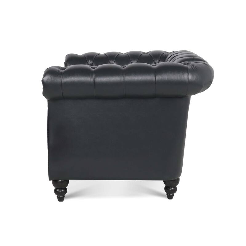 Black PU Modern 38.98" Upholstered Buttons Tufted Accent Chair with Gourd Shaped Birch Legs and Nailheads