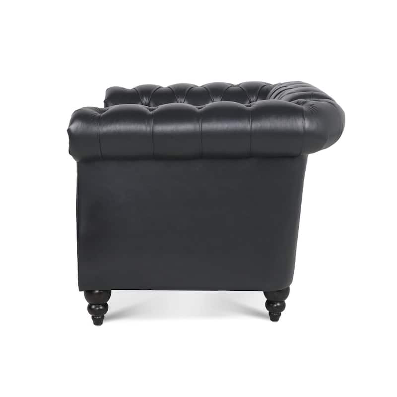 Traditional Rolled Arm Chesterfield 1 Seater Sofa,Living Room PU Leather Seat Cushions & Nailheads Finish Sofa with Wood Legs