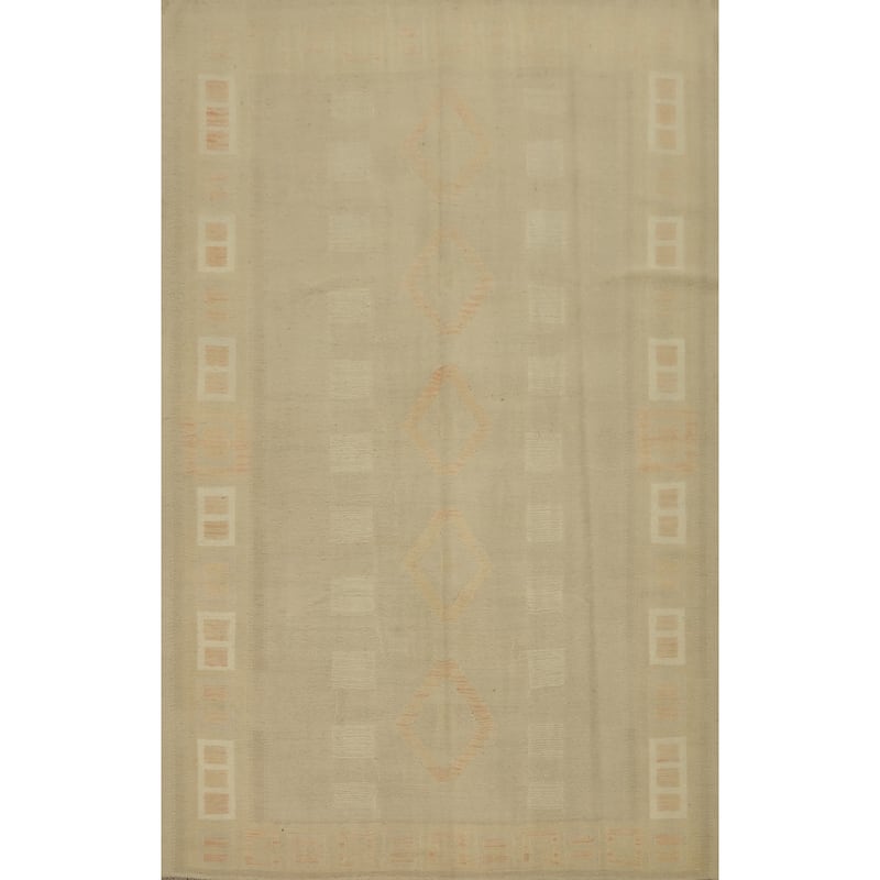 Hand Woven Oriental 100% Wool Carpet Southwestern Tribal Beige & Ivories Kilim Area Rug - 9' 10'' X 7' 0''