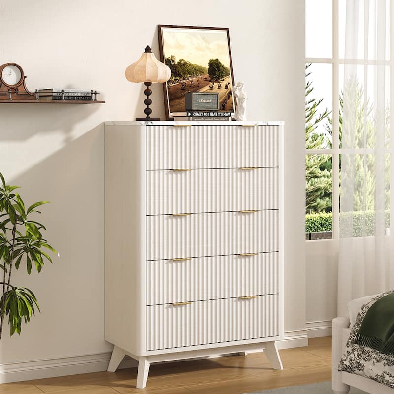 Modern 5 Chest of Drawers, Wood Dresser for Bedroom, Living Room - Solid White