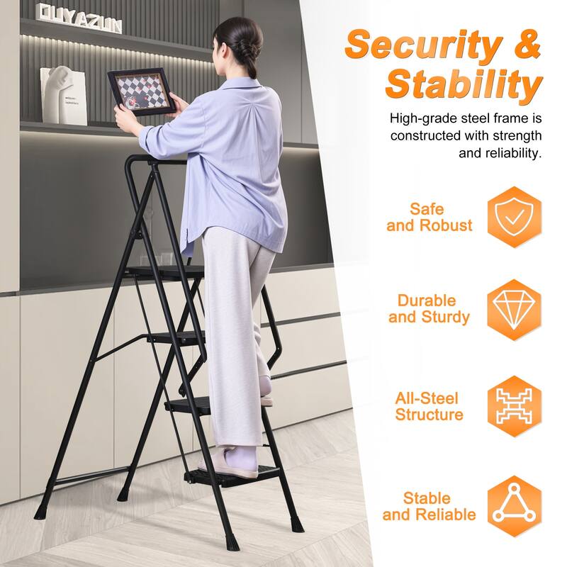 Anmytek 4 Step Folding Ladder with Wide Anti Slip Pedals and Safety Handrail Sturdy Steel Step Stool for Home and Office