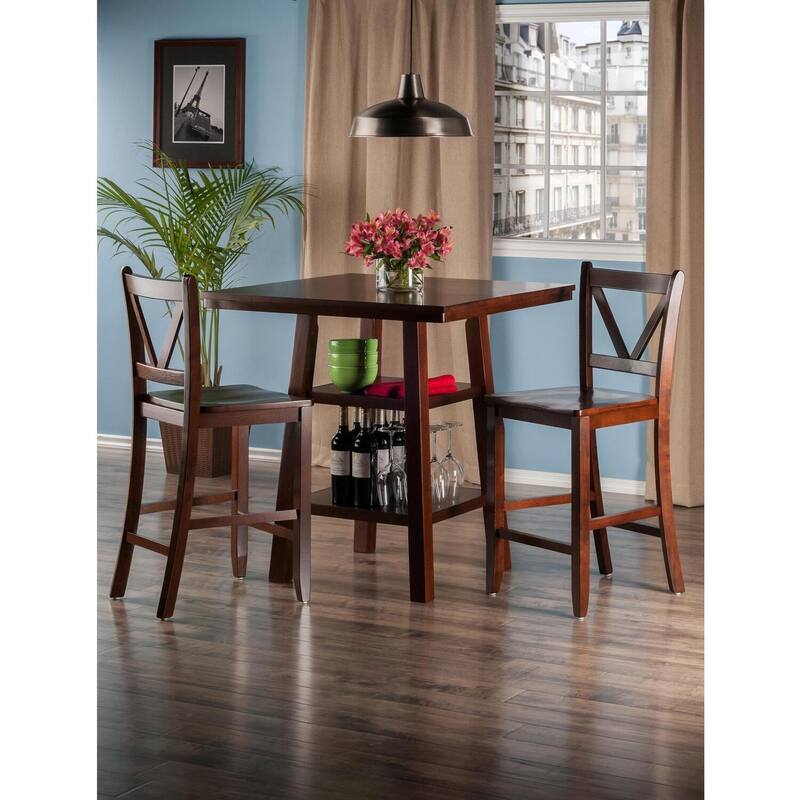 Medieval Dining Table Set with Stools - High Table & Chair Set, Walnut Finish, 33.8" x 33.8" x 36"