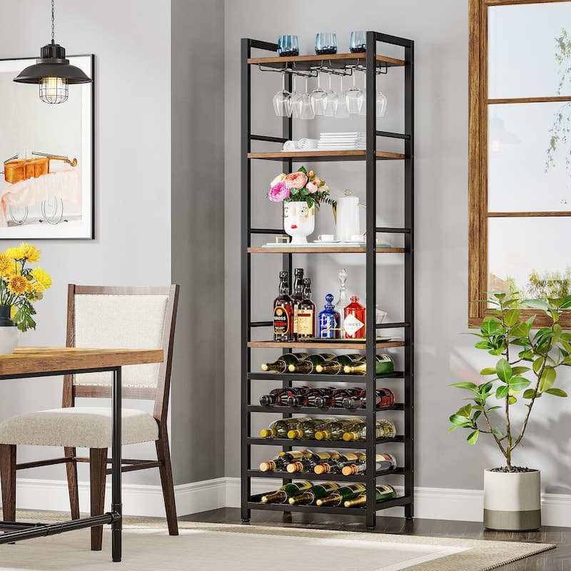 20 Bottle Freestanding Floor Wine Rack, 9 Tier Floor Liquor Cabinet with Glass Holder and Storage Shelves