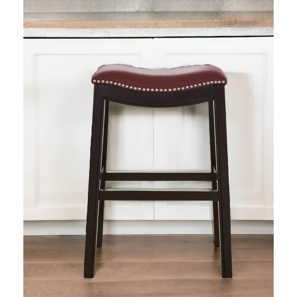 HomeRoots 26" Dark Red and Espresso Solid Wood Backless Counter Height Bar Chair