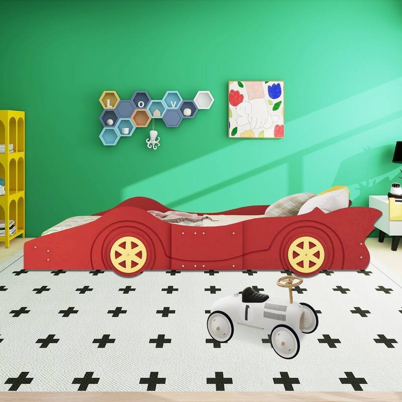 Twin Size Race Car-Shaped Platform Bed with Wheels, Black, Plywood, Bed Frame - Red
