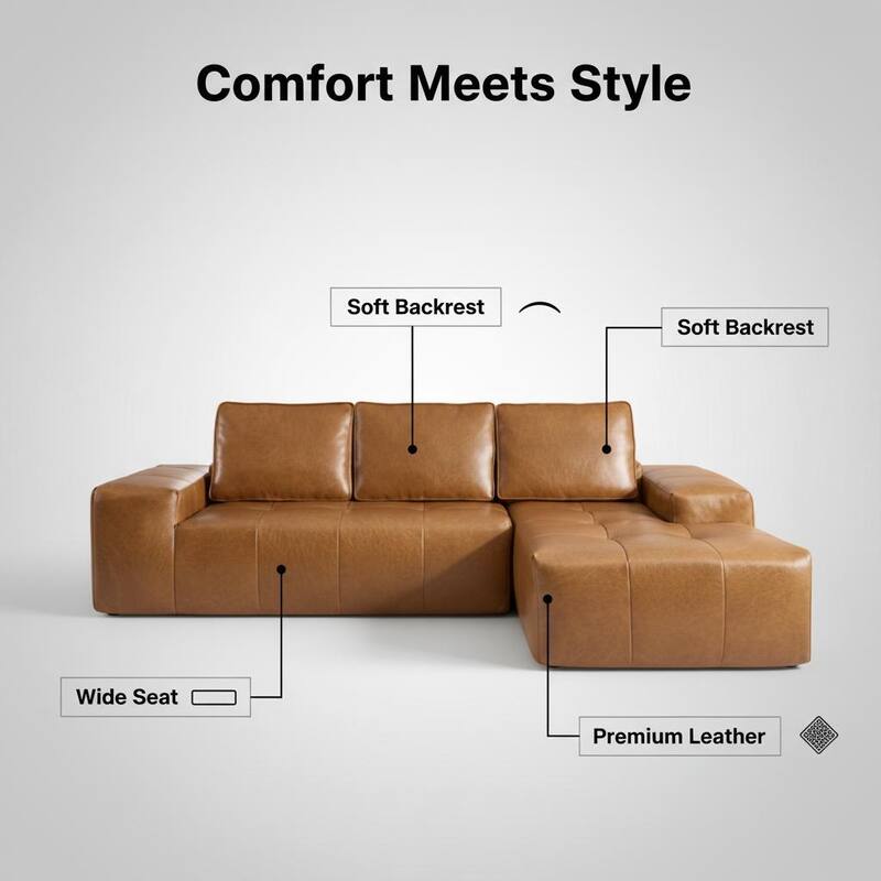 Brown Faux Leather L-Shaped Sectional Sofa with Chaise, Deep Seat Cloud Couch - No Assembly Required