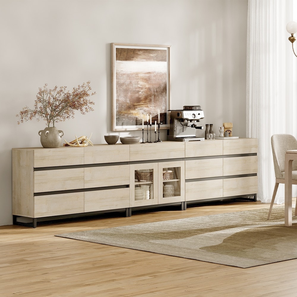 WAMPAT 3 in 1 Modern Sideboard with Glass Doors and 3 Drawers, Coffee Bar Cabinet for Kitchen