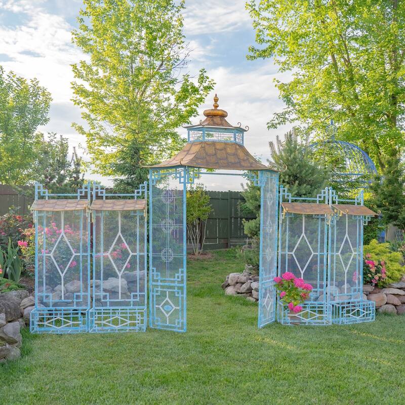 16 Foot Long Pagoda Style Iron Garden Gate with Planters - 189.75" L x 22.44" W x 124.02" H - Soft Blue