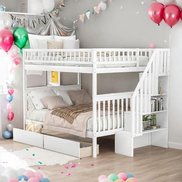 slide 2 of 10, Modern Full Over Full Bunk Bed With Two Drawers And Storage,Sturdy Frame for Bedroom White