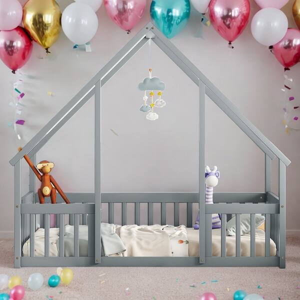 slide 2 of 27, Kids Furniture Twin Size Wood House-Shaped Floor Bed Kids Bed with Fence and Guardrails, Grey Grey