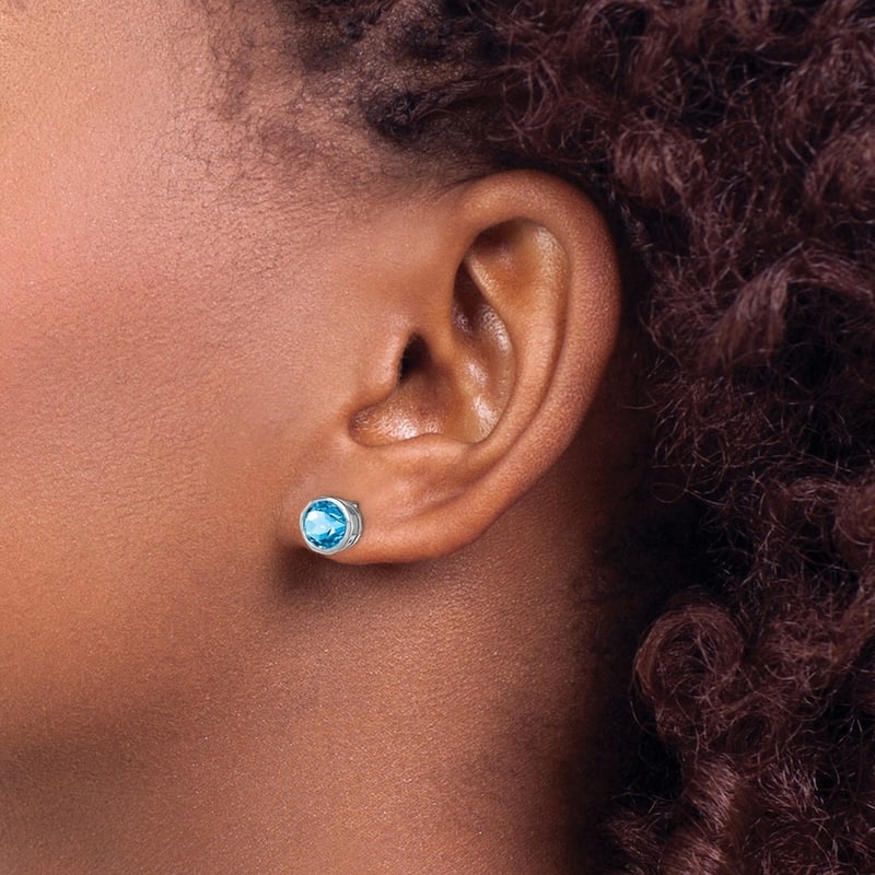 Curata 925 Sterling Silver Bezel Polished Post Earrings Rhodium plated Blue Topaz Circle Stud Earrings Jewelry Gifts for Women