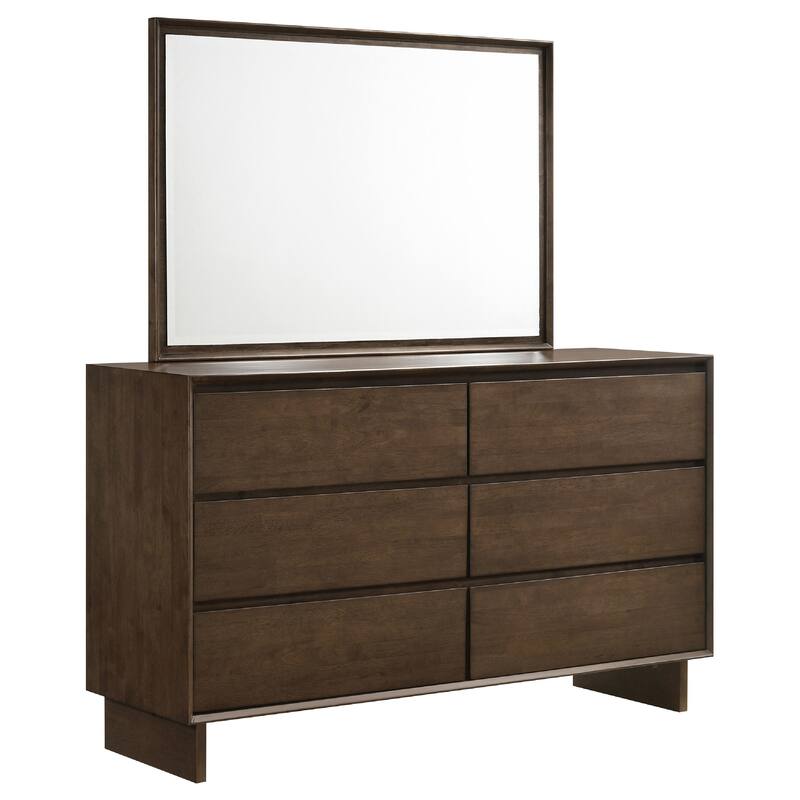 Genu Wide Dresser with Mirror, 6 Drawers, Beveled Glass, Brown Wood