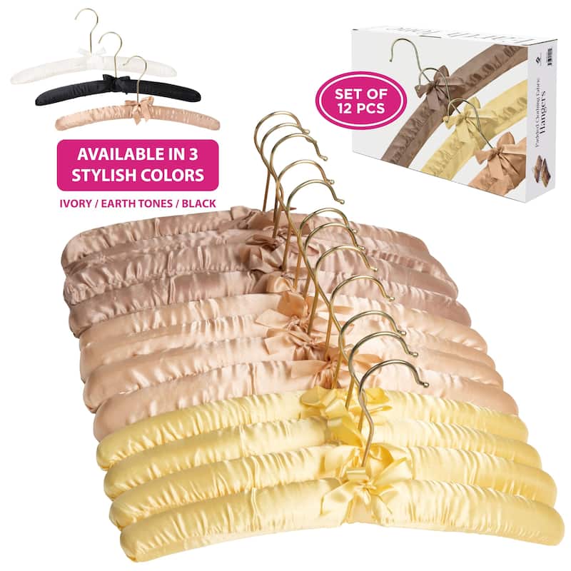 Padded Hangers Premium Heavy Duty Satin Anti Slip - Earthtone, Set of 12