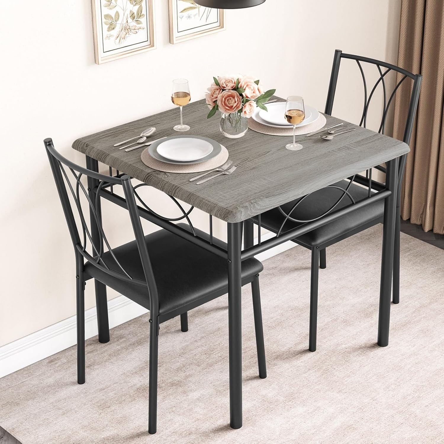 Square Dining Table Set for 2 with Upholstered Chairs, Compact Kitchen Table and Chairs for Small Spaces, Retro Gray
