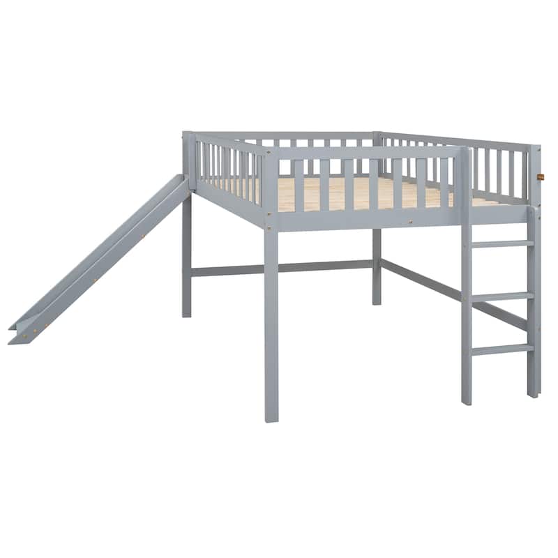 Full Size Low Loft Bed with Removable Slide and Space-Saving Ladder, Gray